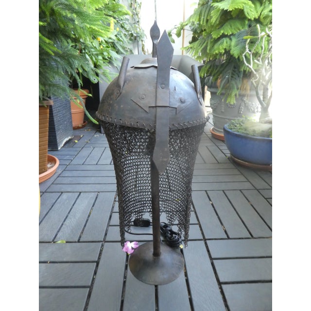 Antique Near Eastern Chain Mail Helmet Lamp sold as found rewired and ready to go.