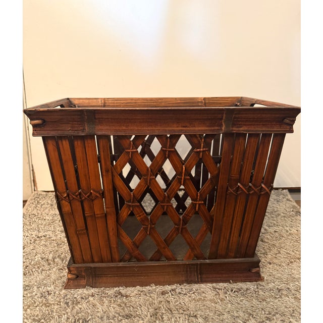 Vintage Bamboo & Rattan Lattice Magazine Holder With Cutout Handles For Sale - Image 4 of 7