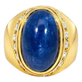Late 20th Century Estate 4ct Cabochon Sapphire & Diamond Ring, Size 7 For Sale