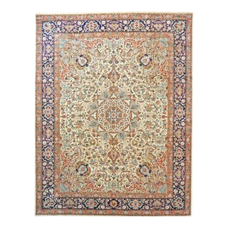 Antique Persian Tabriz Wool 10x13 Ivory, Peach, & Navy Handmade Area Rug #1143881 For Sale