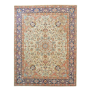 Antique Persian Tabriz Wool 10x13 Ivory, Peach, & Navy Handmade Area Rug #1143881