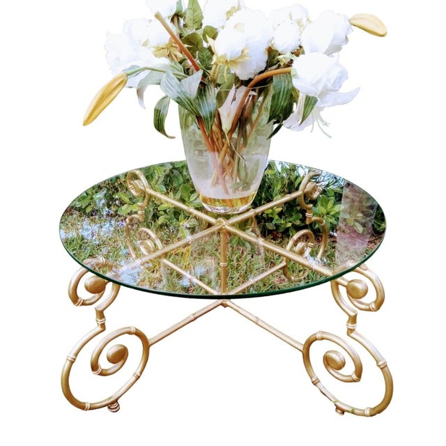 Gold Vintage Faux Bamboo Scroll Palm Beach Regency Iron Coffee Table Base For Sale - Image 8 of 8