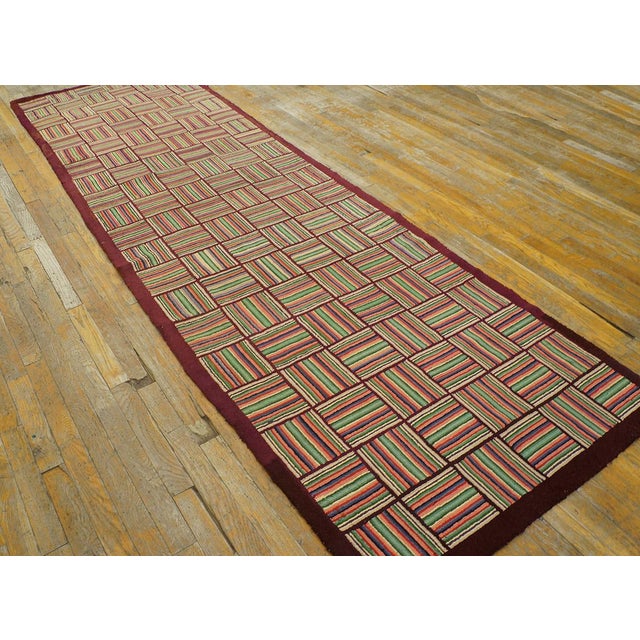 1930s Multicolor Checkerboard Folk Art Antique American Hooked Rug 3'2" X 10' 4" Carpet For Sale - Image 4 of 14