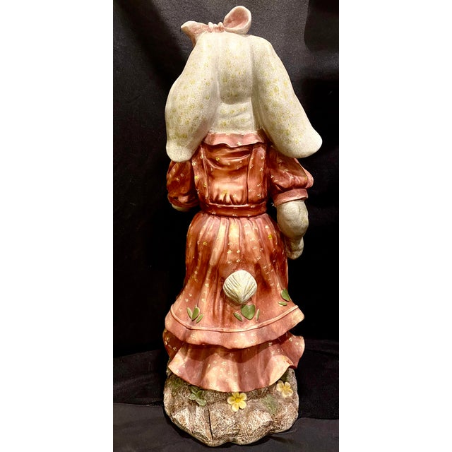 Large Folk Art Country Whimsical Bunny Rabbit Holding a Basket Statue Excellent Condition. For Sale - Image 4 of 11