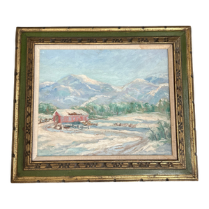 1950’s Original Modernist Snow Scene With Mountains Landscape Painting