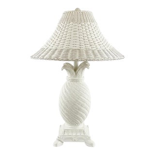 Vintage Palm Beach Regency White Faux Wicker Pineapple Table Lamp -Styled After Dorothy Draper /Mario Buatta For Sale