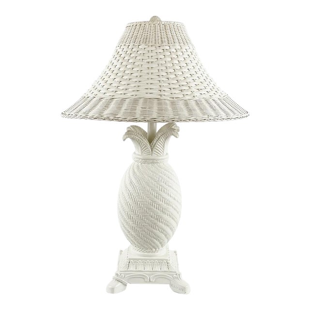 Vintage Palm Beach Regency White Faux Wicker Pineapple Table Lamp -Styled After Dorothy Draper /Mario Buatta For Sale
