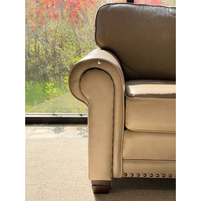 Transitional Smith Brothers 393 Beige Leather Three-Seat Sofa With Rolled Arms and Nailhead Trim For Sale - Image 3 of 10