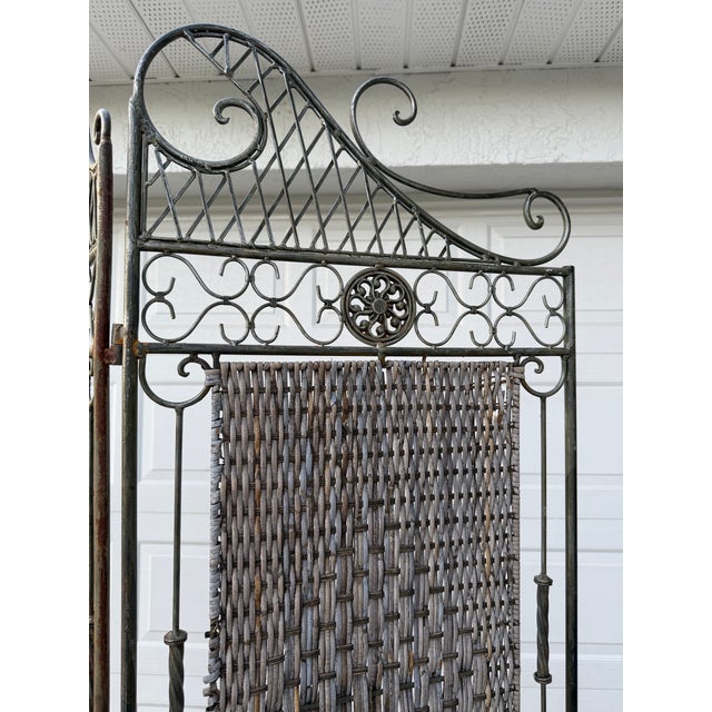 Burnt Umber Vintage Wrought Iron & Woven Rattan Folding Room Divider Screen For Sale - Image 8 of 12