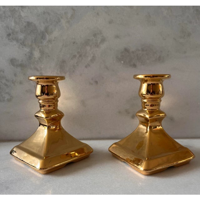 English Pair of Vintage English Porcelain Candle Holders With Gold Finish For Sale - Image 3 of 11