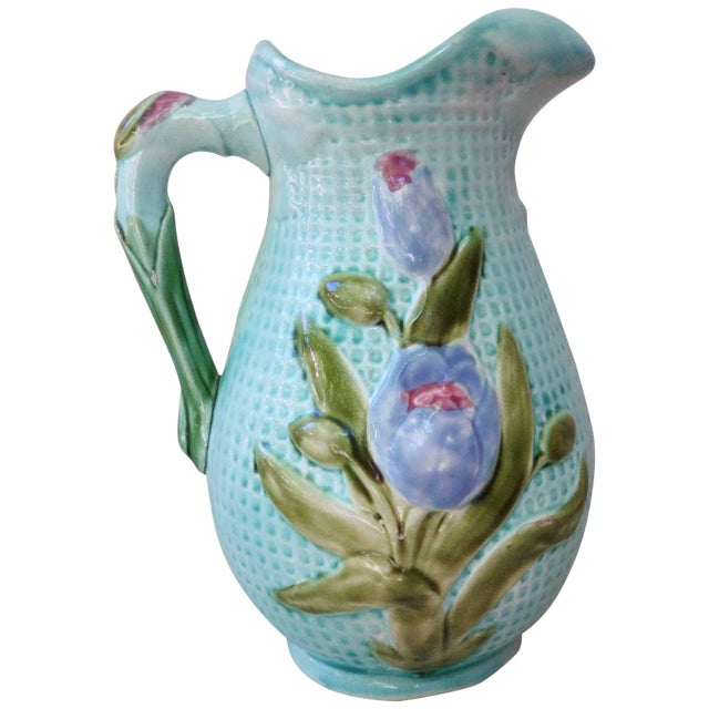 1900s Art Nouveau Majolica Flowers Pitcher For Sale