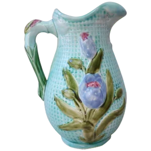 1900s Art Nouveau Majolica Flowers Pitcher