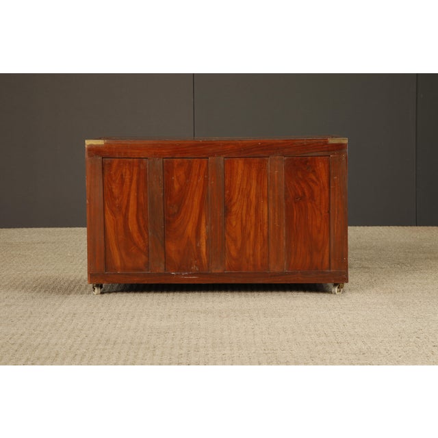 Brass Vintage Campaign Style Inlaid Walnut Dresser Chest, Brass Inlay Carved Wood 10 Drawer Cabinet For Sale - Image 8 of 18