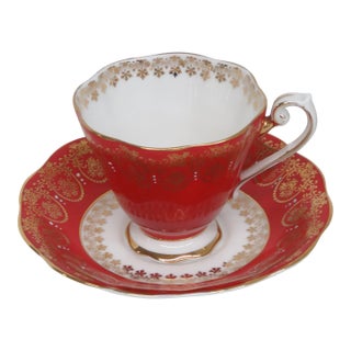 Late 20th Century Royal Standard Fine Bone China Teacup Red and Gold Filigree 4506b For Sale
