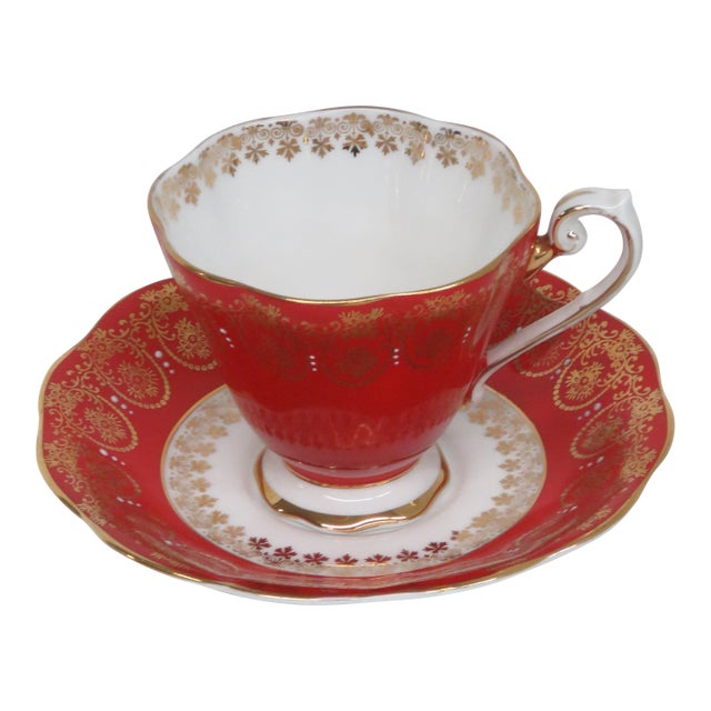 Royal Standard Fine Bone China Teacup Red and Gold Filigree 4506b For Sale