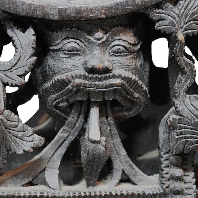 Glass 1920s Anglo-Indian Carved & Ebonized Reticulated Hardwood Mirror With Buddha & Dragons For Sale - Image 7 of 10