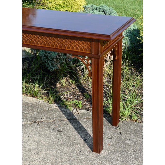 1990s Vintage Councill Carved/Inalid Mahogany Chinese Chippendale Style Console Table For Sale - Image 5 of 12