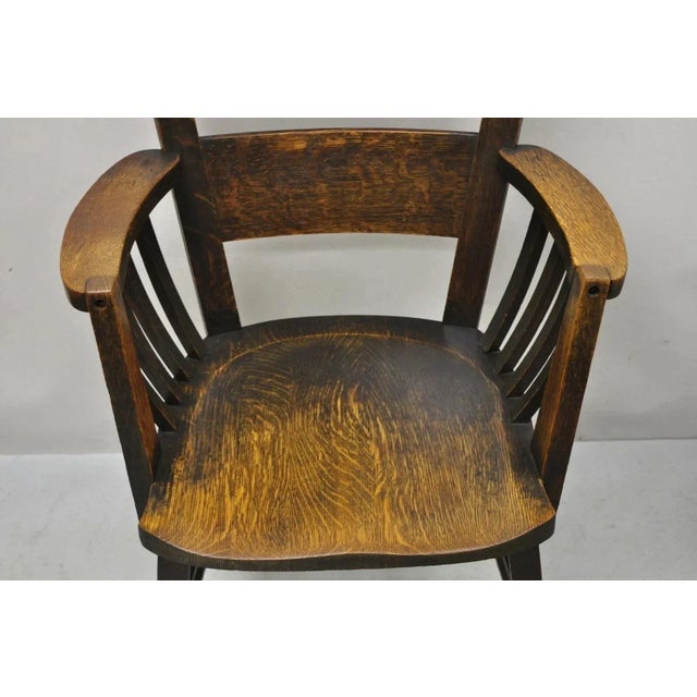 Early 20th Century Early 20th Century Antique Arts & Crafts Mission Oak Bowed Spindle Plank Seat School Arm Chair For Sale - Image 5 of 12