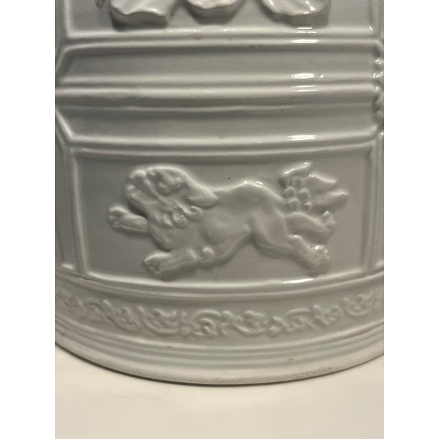 Chinoiserie Rare! Vintage White Ceramic Foo Dog Decorated Lidded Jar Made in Italy 7.5" For Sale - Image 3 of 11
