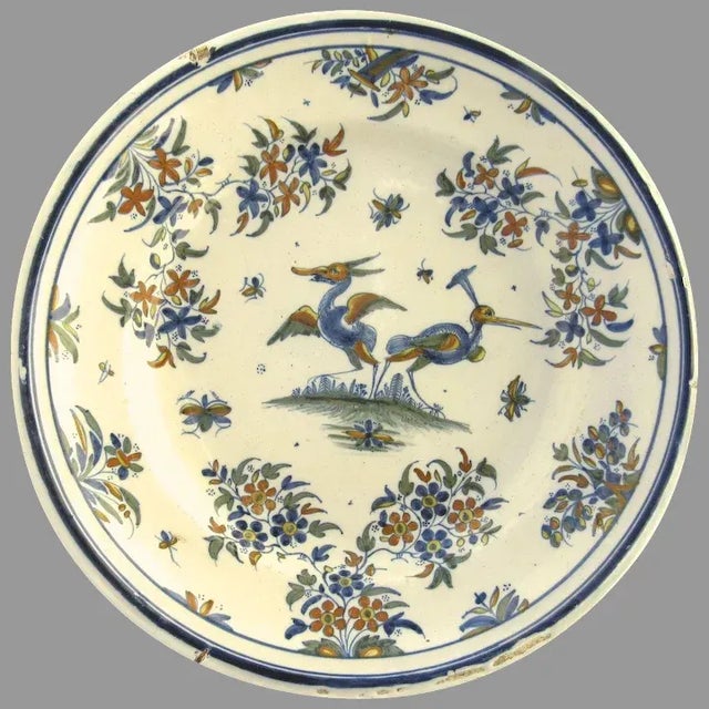French Faience Blue and White Charger with Exotic Birds For Sale In Denver - Image 6 of 6