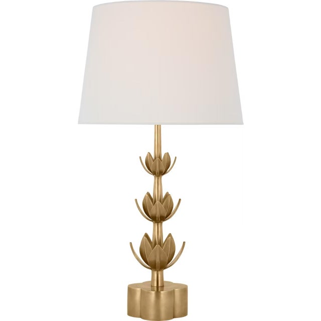 Transitional Julie Neill by Visual Comfort Signature Alberto Large Triple Table Lamp in Antique-Burnished Brass with Linen Shade For Sale - Image 3 of 3