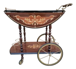 Vintage Italian Marquetry Two Tier Drop-Leaf Dessert/Bar Cart Trolley