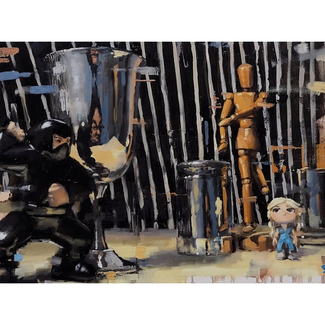 This oil painting depicts a whimsical scene featuring a ninja poised in action alongside a wooden mannequin and a small...