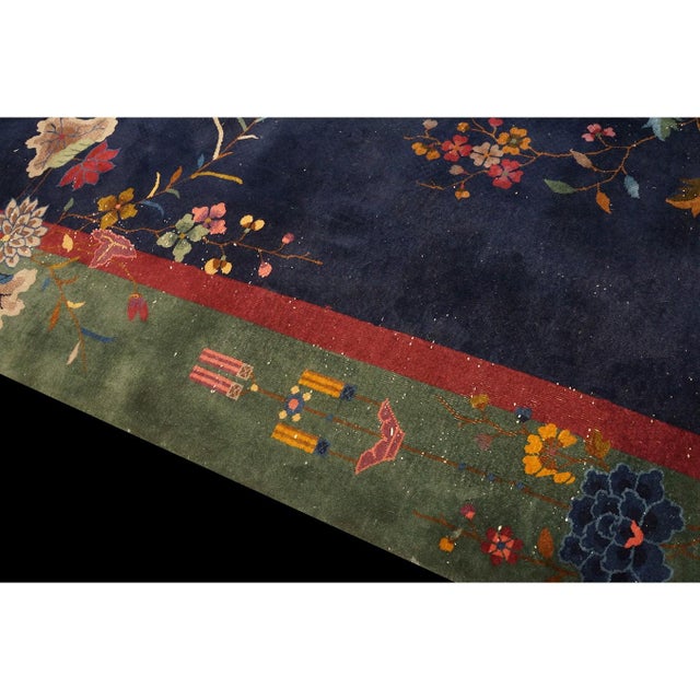 1920s Navy Blue Floral Vase Antique Chinese Art Deco Carpet 8' 10" X 11' 6" Rug For Sale In New York - Image 6 of 8