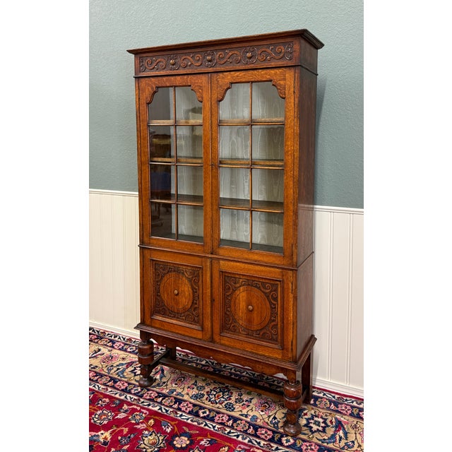 Antique English Bookcase Bookshelf Cabinet Double Door Wavy Glass Oak c.1930s For Sale - Image 16 of 17