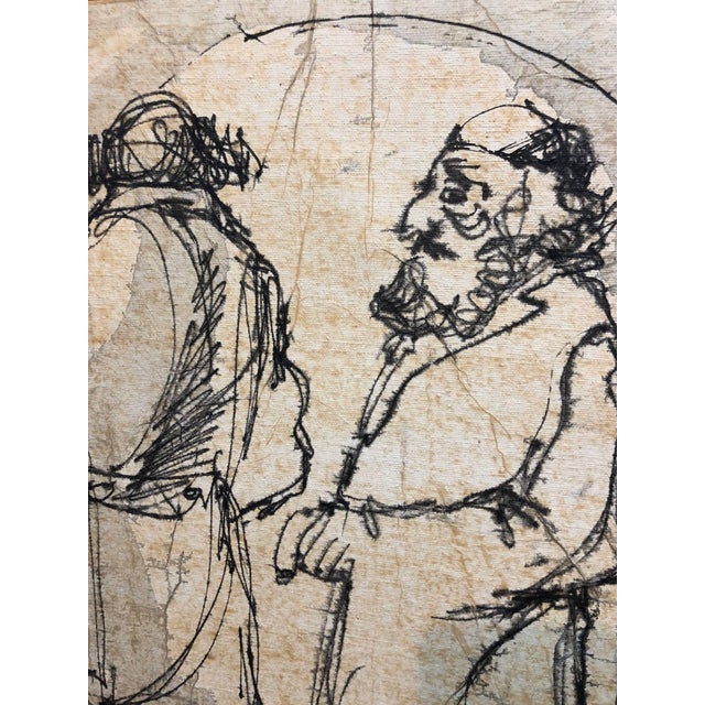 Moshe Katz, Modernist Israeli Judaica Mixed Media Painting Rabbis Walking In Jerusalem, c. 1950 For Sale - Image 4 of 5