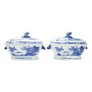 Pair of Antique Blue & White Canton Chinese Export Porcelain Covered Tureens