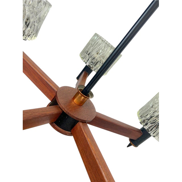 Metal Teak and Textured Glass Chandelier by Carl Fagerlund for Orrefors, 1960s For Sale - Image 7 of 16