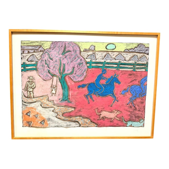 1980s George Colin Signed Folk Art Pastel Farm Chalk Art For Sale