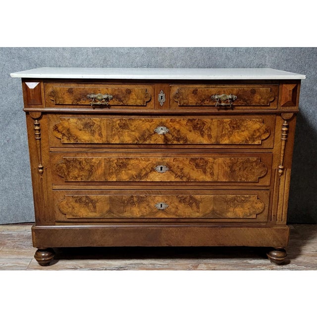 Napoleon iii period chest of drawers in walnut and burr wood, circa 1850 front with five drawers in three rows white...