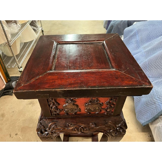 This elegant pair of vintage Chinese pedestal stands combines traditional craftsmanship with rich decorative detail. Each...