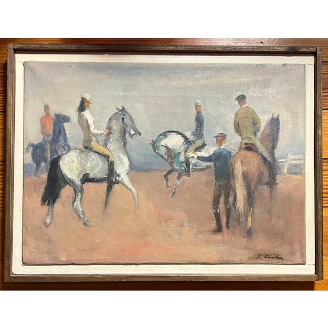 Stephen Csoka (American 1897 - 1989) Mid-Century oil painting on canvas of equestrian figures riding on horse back, circa...