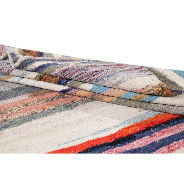 Vintage Kilim Wool Handmade Ivory Stripes Wool Runner For Sale - Image 10 of 13