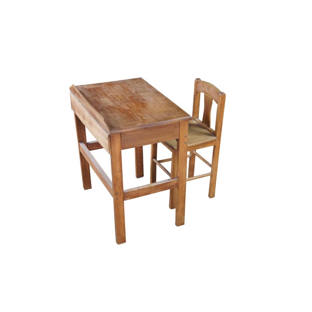 Rustic Vintage Oak Childs Childrens Schoolhouse Writing Desk Table & Chair For Sale - Image 3 of 12