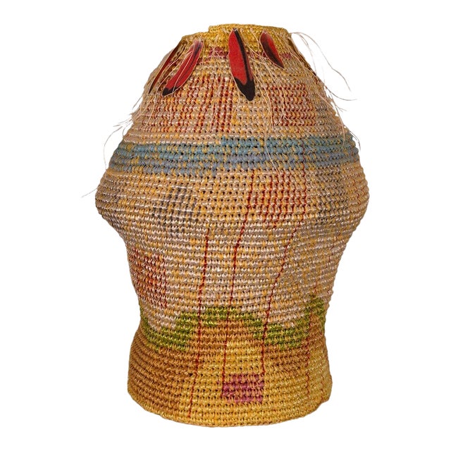 Katherine Westphal Big Sky Signed Raffia Woven Basket w/ Feather Accents 1994 For Sale