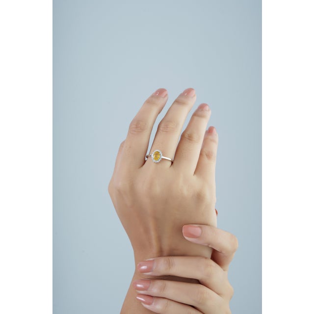 Yellow Oval Yellow Sapphire & Diamond Halo Vintage Ring in 14k White Gold Size 5 For Sale - Image 8 of 16
