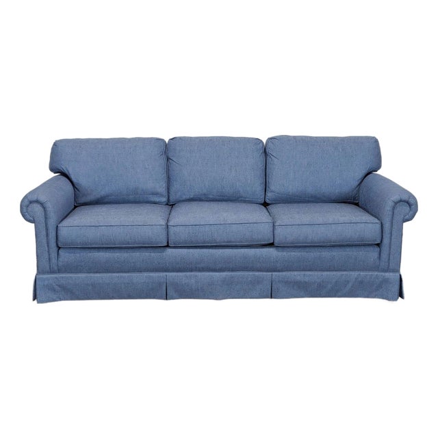 Sherrill 3-Seat Blue Sofa With Rolled Arms For Sale
