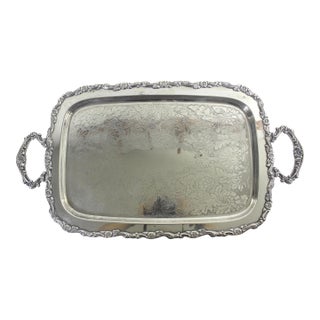 Extra Large Butler’s Tray Silver Plated Rectangular Platter Vintage Plate Ornate Floral Handles Embossed Serving For Sale