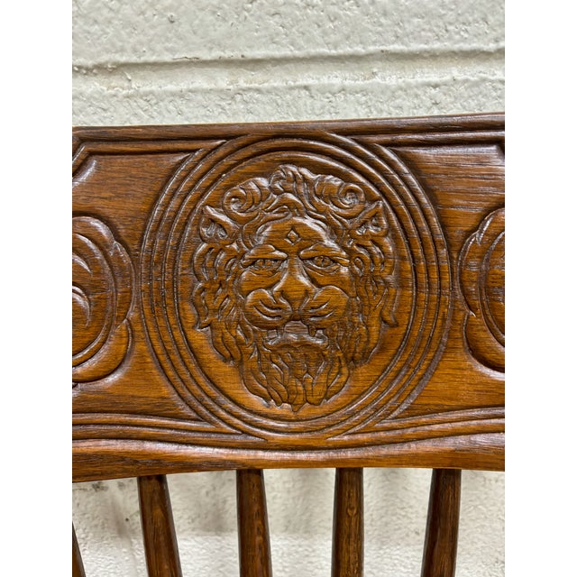 Vintage Oak Lion Head Press Back Traditional Dining Chairs - Complete Set of 4 For Sale - Image 4 of 11