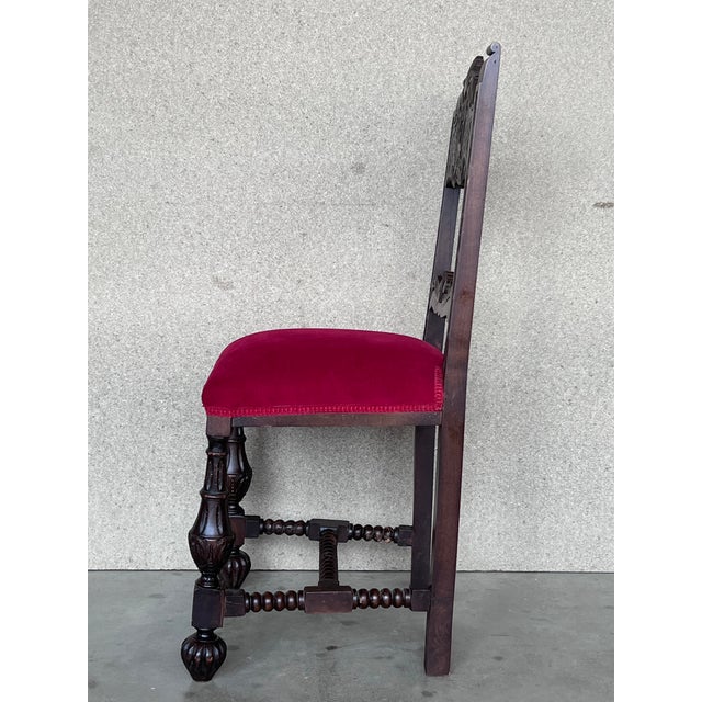 Late 19th Century 19th Century Set of Six French Carved Walnut Turned Wood Chairs With Velvet Seat For Sale - Image 5 of 13