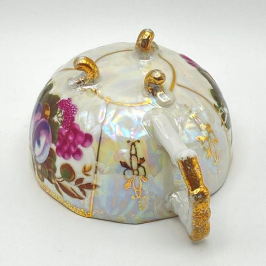 Ceramic Pair of Kasuga Footed Iridescent Gilded Teacups (Handles, Fruit Design, Lusterware) Vintage For Sale - Image 7 of 16