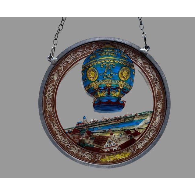 Mid 20th Century Vintage Stained Glass Scenic Suncatcher Window Historic Montgolfier Balloon 1783 For Sale - Image 5 of 6