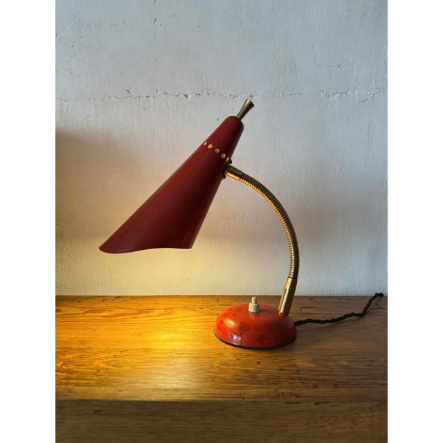 1960s italian gooseneck table lamp by stilnovo totally original, brass gooseneck & red enamel lamp. Very of its era...