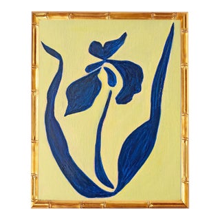 Original Iris Flower Painting in Gold Bamboo Frame, Oil on Canvas, 13" X 16" by Tatiana Duperault For Sale
