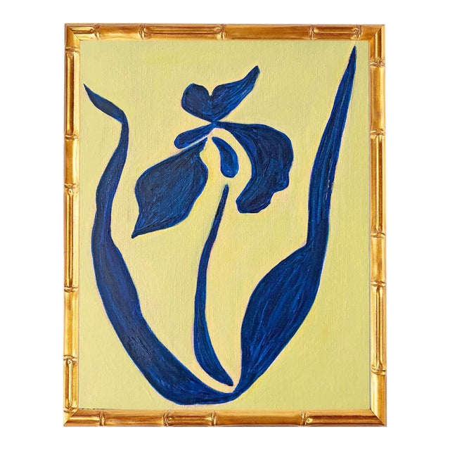 Original Iris Flower Painting in Gold Bamboo Frame, Oil on Canvas, 13" X 16" by Tatiana Duperault For Sale