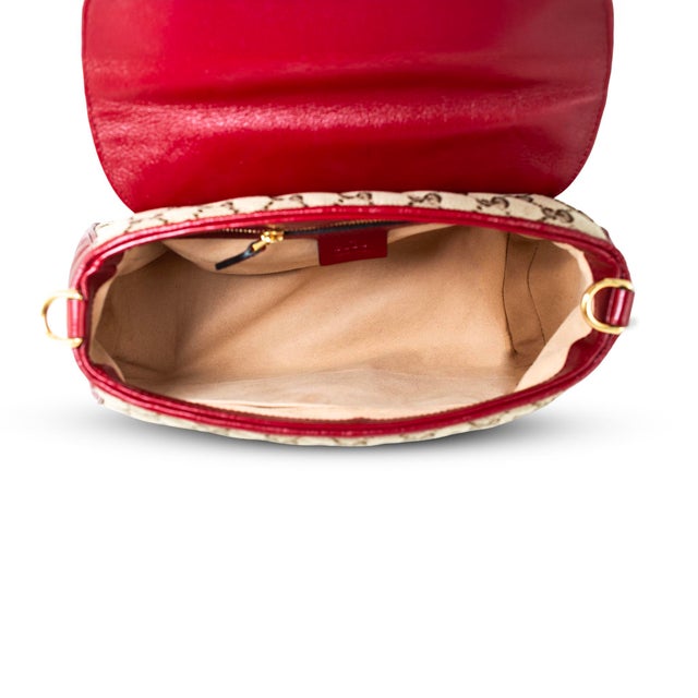 Beige Gucci Gg Marmont Mini Beige Gg Canvas Red Leather Top Handle Bag For Sale - Image 8 of 13